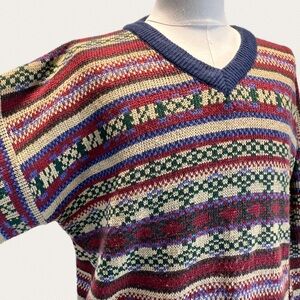 VINTAGE fair isle‎ Nordic pattern ski lodge knit sweater mens v neck 80s Sears